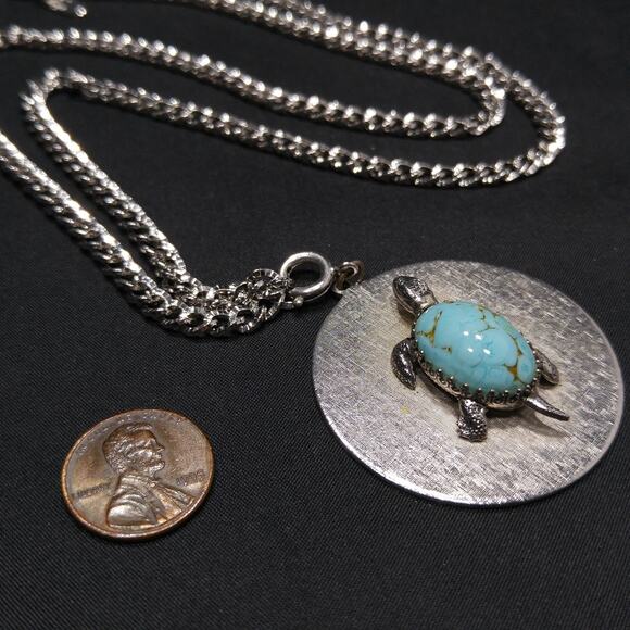Whiting & Davis Turtle Pendant Necklace, Silver Tone Chain - Picture 2 of 10